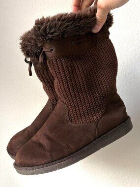 Brown Mid-Calf Snow Boots Knit Faux Fur Trim Women's 6 Shoes